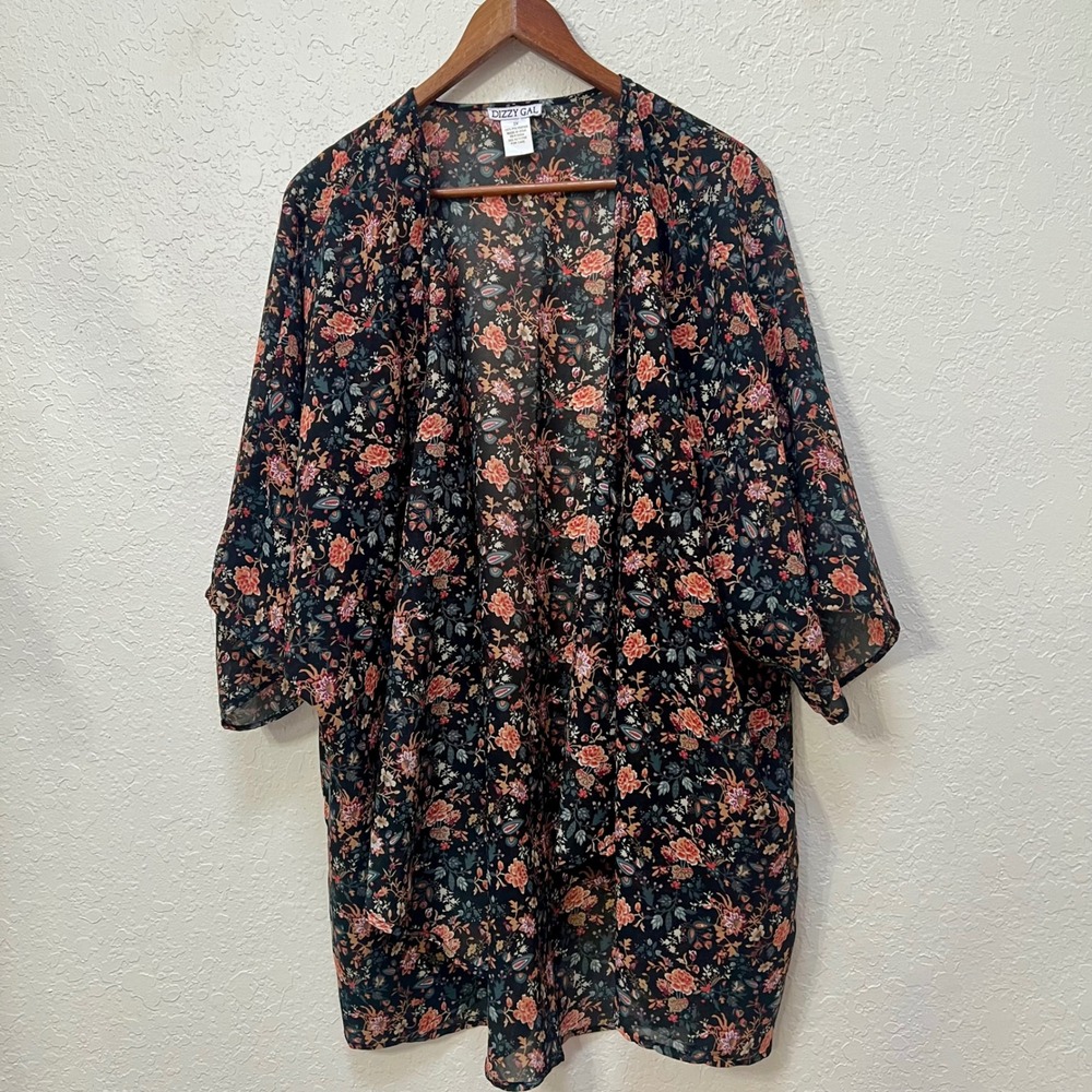 Dizzy Gal Womens 2X Floral Paisley Chiffon Kimono Open Front Cardigan Black